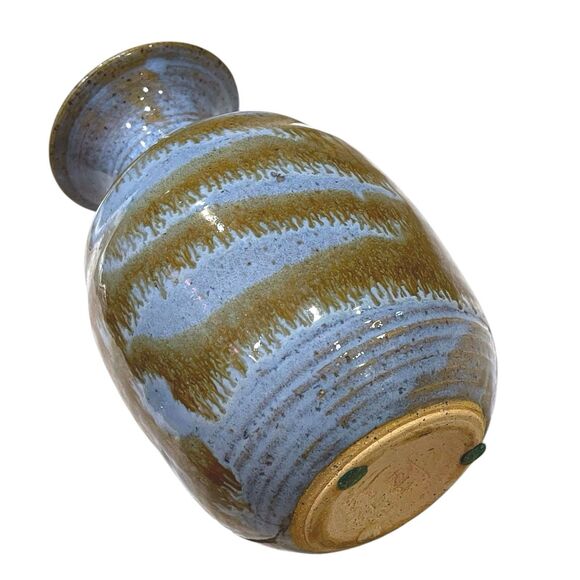 Vtg 1981 Hand-Thrown Studio Pottery Blue & Brown Drip Glaze Stoneware Vase 7.5" - Picture 5 of 14